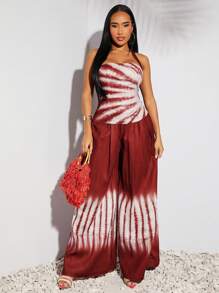 SHEIN SXY 春夏假期波西米亚风西方服饰女装节日红色扎染仿亚麻面料吊带修身背心上衣和松紧腰高腰舒适长裤两件套
