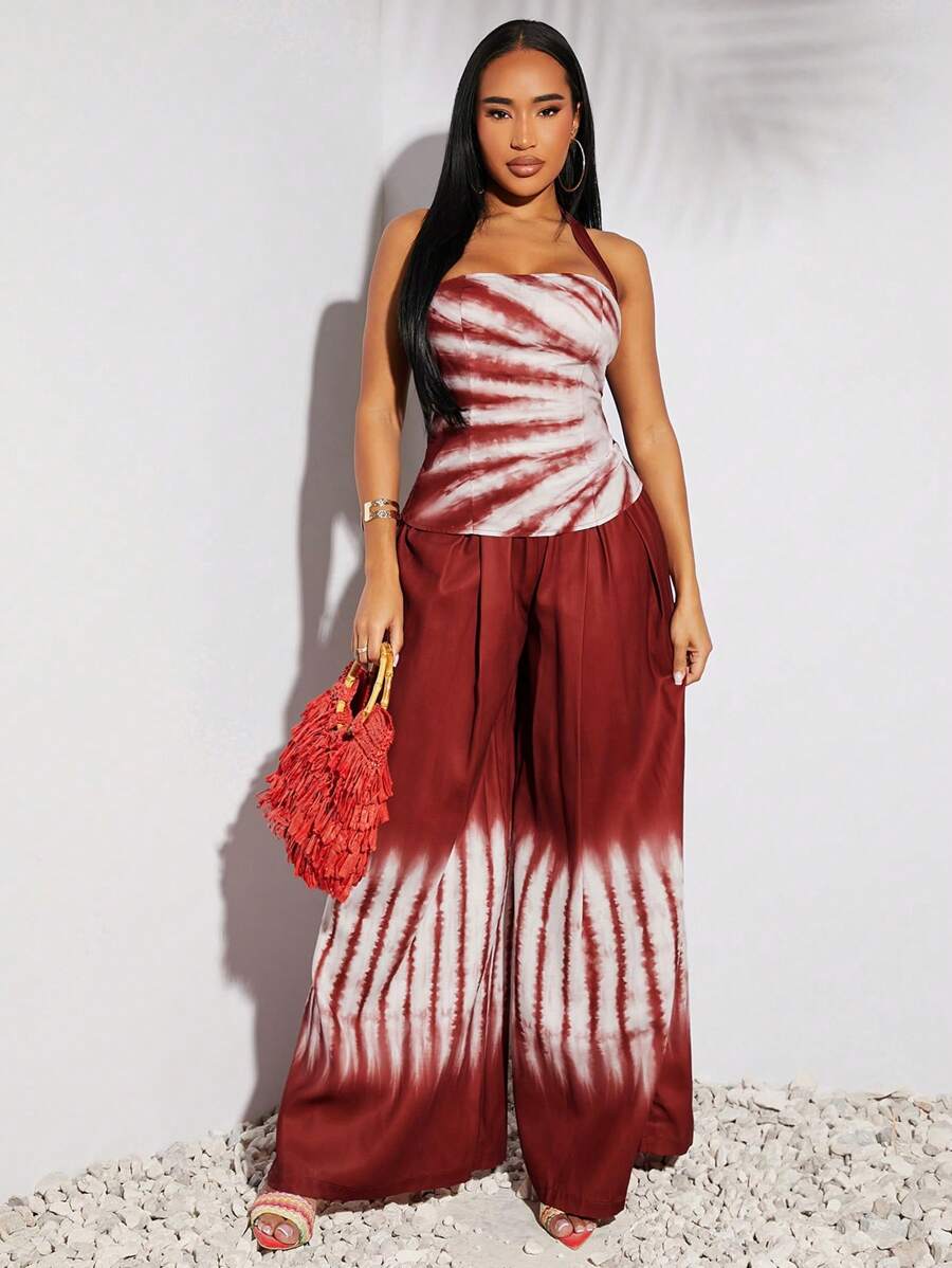 SHEIN SXY 春夏假期波西米亚风西方服饰女装节日红色扎染仿亚麻面料吊带修身背心上衣和松紧腰高腰舒适长裤两件套