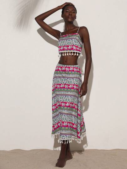 GENKIRA 2pcs/Set Vacation Casual Loose Ditsy Floral Elephant Element Tassel Trim Short Strap Top And A-Line Skirt