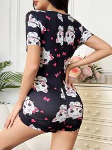 Women's Heart Cat Graphic Short Sleeve Button-Up Casual Pajama Jumpsuit