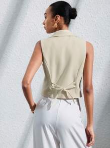 Aveloria Modichic 时尚通勤单排扣翻领无袖背心，收腰，显瘦，女式上衣可分层搭配 - 米色 - 查看 5