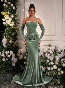 Glamrae 优雅天鹅绒露肩露肩长袖连衣裙，腰部褶皱和鱼尾下摆，婚礼宾客礼服，适合所有正式场合和宴会，派对礼服，晚礼服