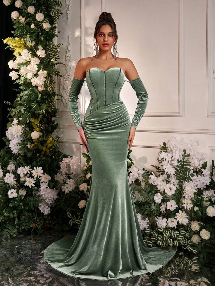 Glamrae 优雅天鹅绒露肩露肩长袖连衣裙，腰部褶皱和鱼尾下摆，婚礼宾客礼服，适合所有正式场合和宴会，派对礼服，晚礼服