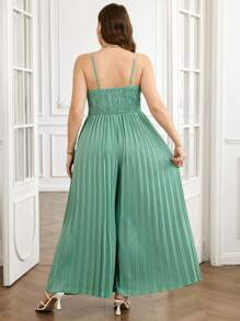 SHEIN Clasi Plus Size Women's Green Solid Color Sleeveless Suspender Waist Pleated Loose Fashion Wide Leg Jumpsuit Pants,Summer Outfits For Women - Green - View 7