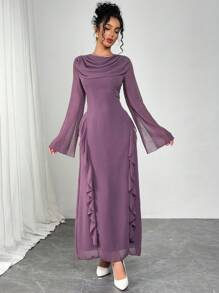 Modelyn 女士时尚摇领泡泡袖收腰连衣裙 - 紫色 - 查看 3