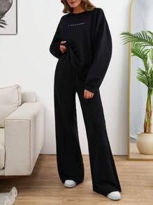 SHEIN Tall SLEEVE CUT DETAIL SLOGANED SWEATSHIRT AND WIDE LEG PANTS - Black - View 4