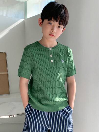 DAZY Suéter casual con media cartera con botones y estampado de caballos para niño preadolescente, ropa de vuelta a la escuela