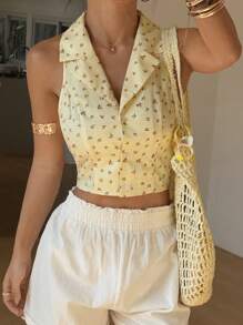 Sunnyshic Women's Cute Plaid & Ditsy Floral Collar Fitted Cropped Tank Top. Spring And Summer Essentials.