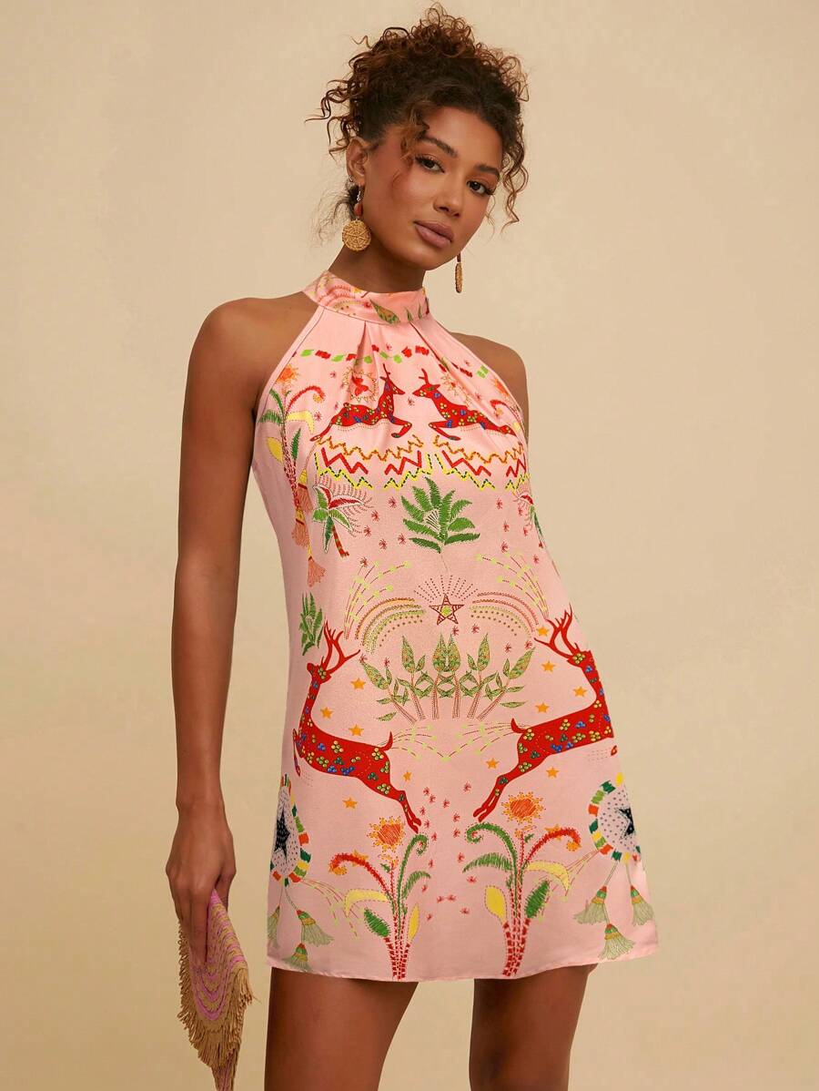 Travachic Vestido corto casual con estampado de ciervos para mujer para vacaciones, ropa de mujer para otoño, vestido de mujer