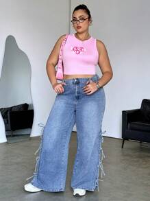 SHEIN MOD Jeans anchos de pierna ancha y sueltos de talla grande con lazo en la cintura, jeans con lazo, pantalones de jeans para mujeres, pantalones holgados para mujeres, azul - Lavado ligero - Ver 6