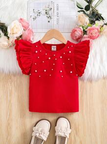Top corta con cuello redondo, de unicolor y con apliques de cuentas para niñas jóvenes