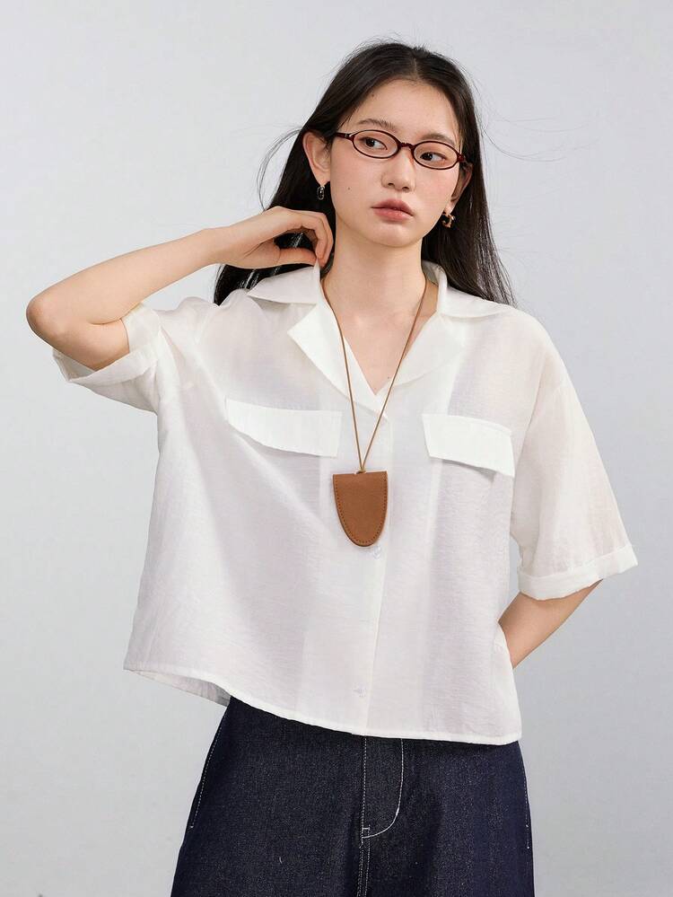 Women's Casual Loose Minimalist Decorative Pocket Short Sleeve Blouse Old Money Style Business Casual Woman Work Clothes