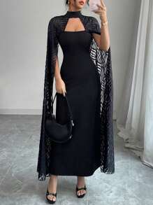 Rafferiza Women's Elegant Cape Dress, Black Lace Holiday Long Dress Fall Cloth For Women - Black - View 6