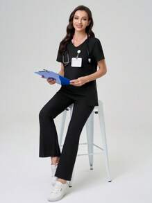 TaskEZ Colorful Spring And Summer Fashion Casual Multi-Functional Multi-Pocket Comfortable Women's Scrub Uniforms, Suitable For Hospitals, Clinics And Pet Hospitals,Short Sleeve Scrub Uniform Set - T-Shirt & Pants, Minimalist Fashion Casual Everyday Wear,Easter Women's Scrub Uniform - Black - View 8