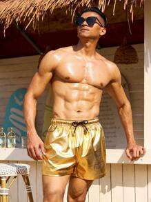 Manfinity Swimmode 男士简约时尚休闲沙滩短裤，日常穿着 - 金色 - 查看 6