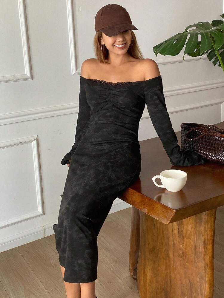 Full Floral Print Long Sleeve Open Shoulder Fitted Dress, Casual Holiday Fall Dress For Women Off Shoulder Top