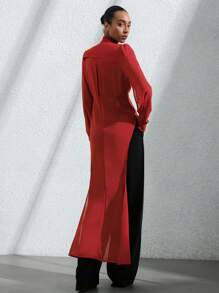 Aveloria Modichic Elegant Luxury Design Retro Rust Red Lady Shirt V-Neck Ruffle Hem Long Fishtail Waist Ruched Chiffon Semi-Sheer Blouse - Red - View 2