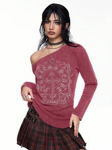 ROMWE Grunge Punk Vintage Y2K Distressed Cross & Vine Rhinestone Embellished Asymmetrical Shoulder Spring Break Concert Rave Festival Oversized T-Shirt For Women - Burgundy - View 5