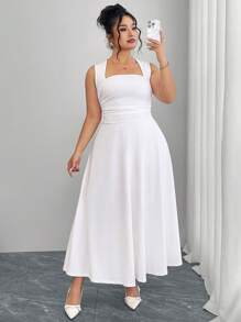 Modelyn 大码女式纯色褶饰长裙 - 白色 - 查看 3