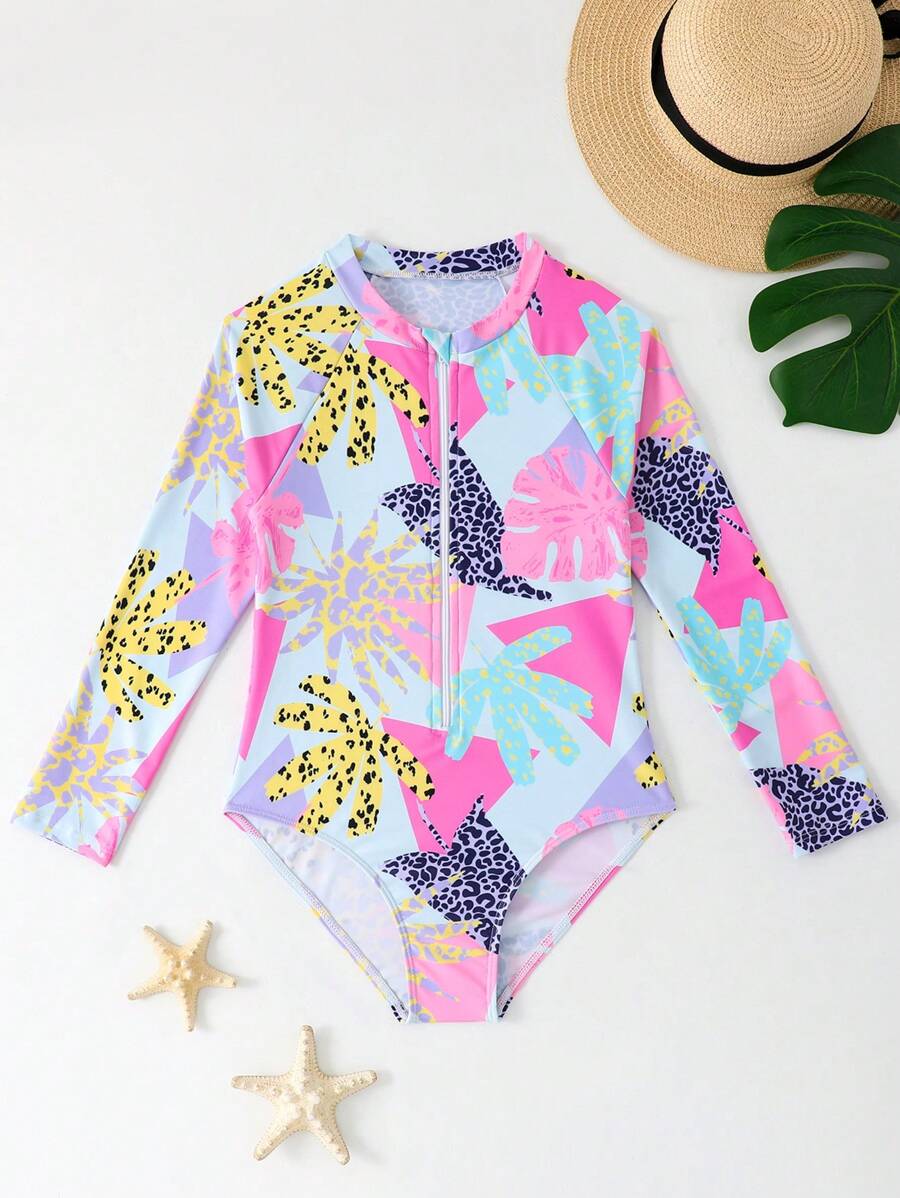 SHEIN Traje de baño de una pieza con estampado para niñas, vestimenta de playa con cierre y manga larga, ropa de baño para vacaciones 2025 - Rosa Fucsia - Ver 1