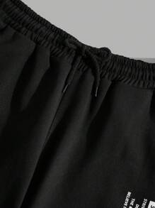 RueChic Men Cottonline Letter Printed Drawstring Regular Sweatpants - Black - View 4