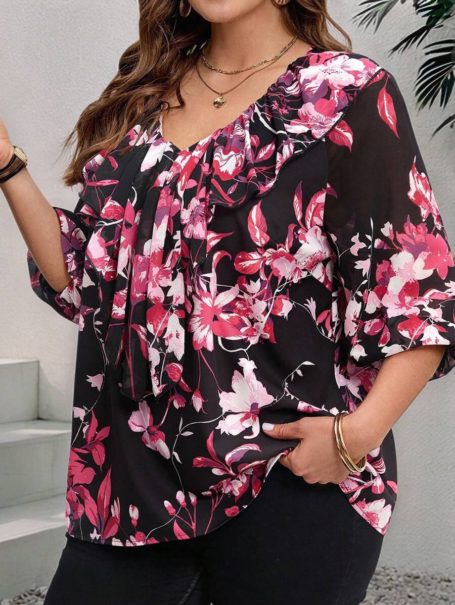 EMERY ROSE Plus Size Women 3/4 Sleeve Floral Printed Blouse, Ruffle Top, Early Spring And Summer Outfits For Women