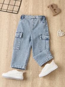 SHEIN Baby Girls White Casual Utility Straight-Leg Jeans