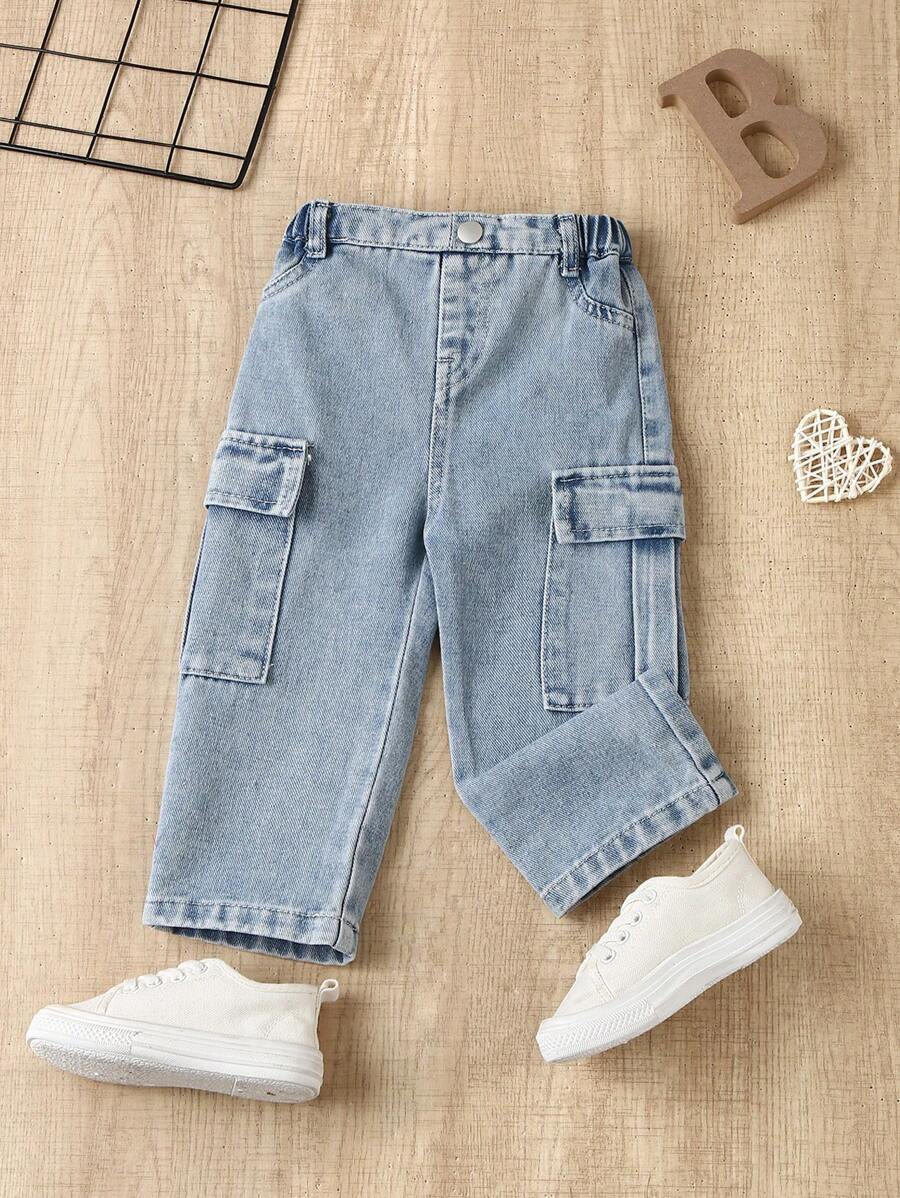 SHEIN Baby Girls White Casual Utility Straight-Leg Jeans