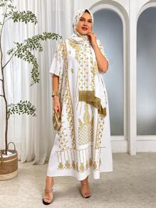Al Najma Plus Size Women Arabic Style Gold Foil Print Dress - White - View 1