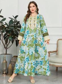 Al Najma Plus Size Long Sleeve Printed Ribbon Trim Arabian Dress - Multicolor - View 1