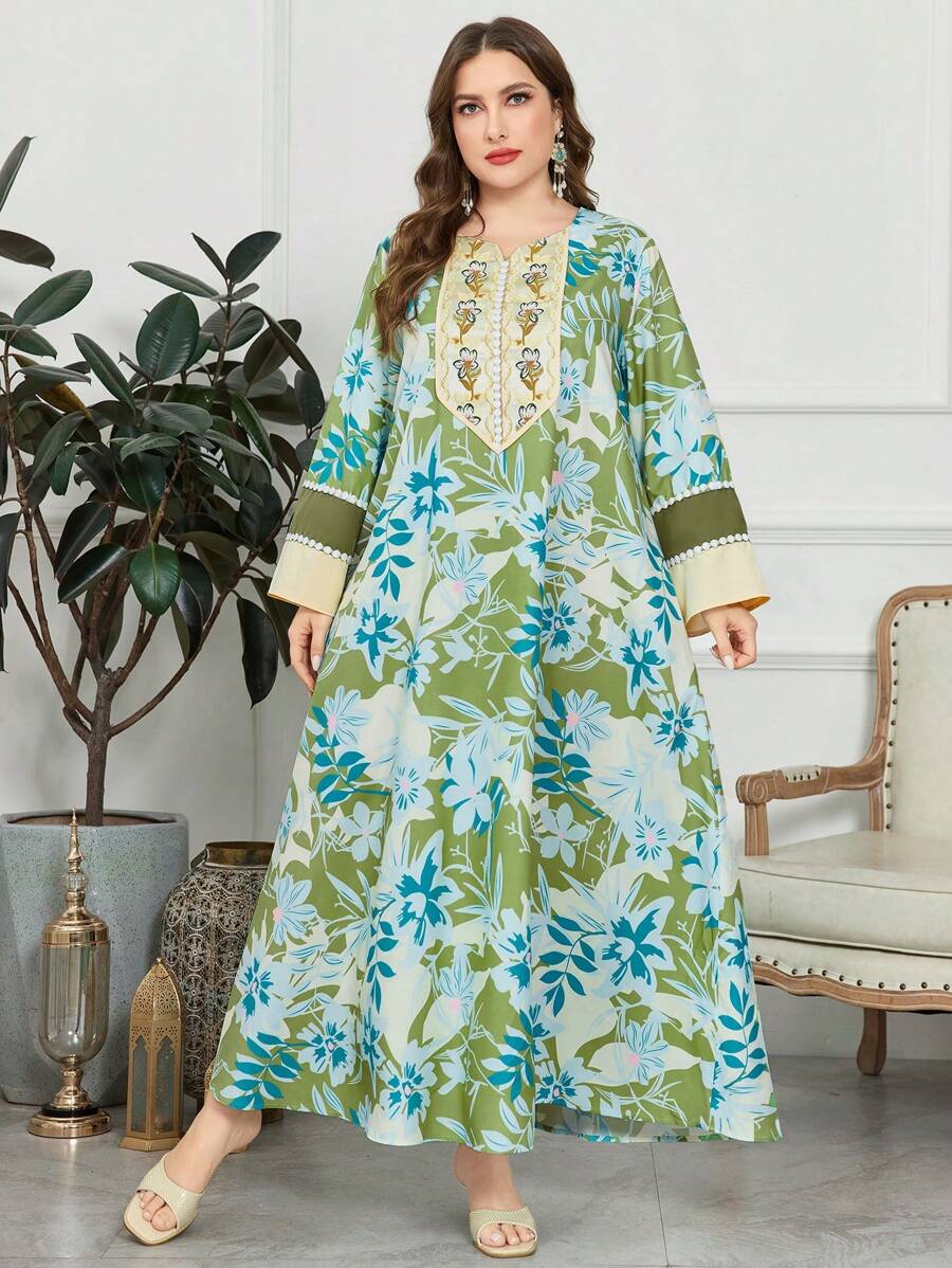Al Najma Plus Size Long Sleeve Printed Ribbon Trim Arabian Dress - Multicolor - View 1