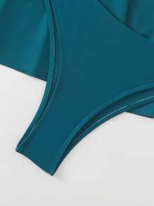 SHEIN Đầm bơi màu trơn mới có dây đeo vai và viền bèo nhún cho nữ và quần bikini 2 mảnh, thích hợp cho kỳ nghỉ hè ở bãi biển - Màu xanh ngọc - Xem 7