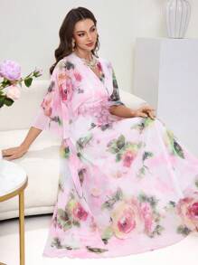 Modelyn Vestido lujoso con estampado floral de gasa fluida, parches y cinturón de cintura, que estiliza y rejuvenece, elegante