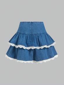 SHEIN MOD Women's Denim Skirt With Waist Tie, Ruffle Hem, Short Style