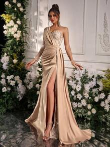 SHEIN Belle Elegant And Gorgeous Champagne Color One-Shoulder See-Through Long-Sleeved Luxury Bead Sequin Embroidered Stitching Stretch Satin High Slit Slim Fishtail Dress With Side Floats Suitable For Dinner Bachelor Party Wedding Event Holiday Back-To-School Season Music Festival Evening Dress, Wedding Guest Dress, Formal Dress,Gown - Champagne - View 5