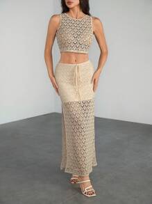 SHEIN Tall Women's Holiday Knitted Imitation Crochet Vest Slit Skirt Suit, Music Festival, Music Festival Wear, Bohemian