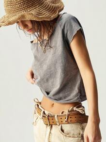 Bohemela Women's Solid Color Crew Neck Fitted Washed T-Shirt - Dark Grey - View 4