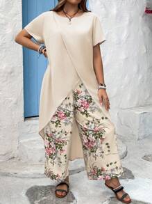 SHEIN VCAY 加大码两件套：长款花卉印花燕尾短袖衬衫搭配花卉印花裤