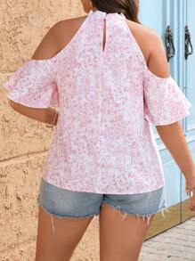 SHEIN VCAY Plus Size Halterneck Short Sleeve Ditsy Floral Chiffon Blouse,Brunch Outfits For Women Off The Shoulder Top Cute Summer Tops Sexy