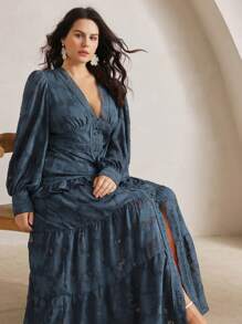 Anewsta 大码女式节日/度假优雅 V 领长袖镂空花卉拼布荷叶边下摆修腰连衣裙 - 藏蓝色 - 查看 7