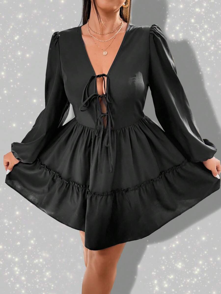 Flirla Plus Size Bowknot Front Form-Fitting Black Midi Dress Fall Cloth For Women - Black - View 1