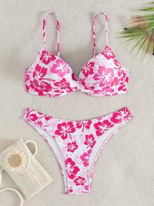 SHEIN Swim 2 件春假花卉印花交叉前带泳装和比基尼套装，清新夏日海滩度假日礼物，适合女孩 - 彩色 - 查看 7