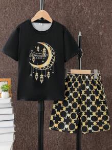 SHEIN 2pcs/Set Tween Boy Star & Moon Print Boys Casual Short Sleeve T-Shirt And Shorts Set - Multicolor - View 1