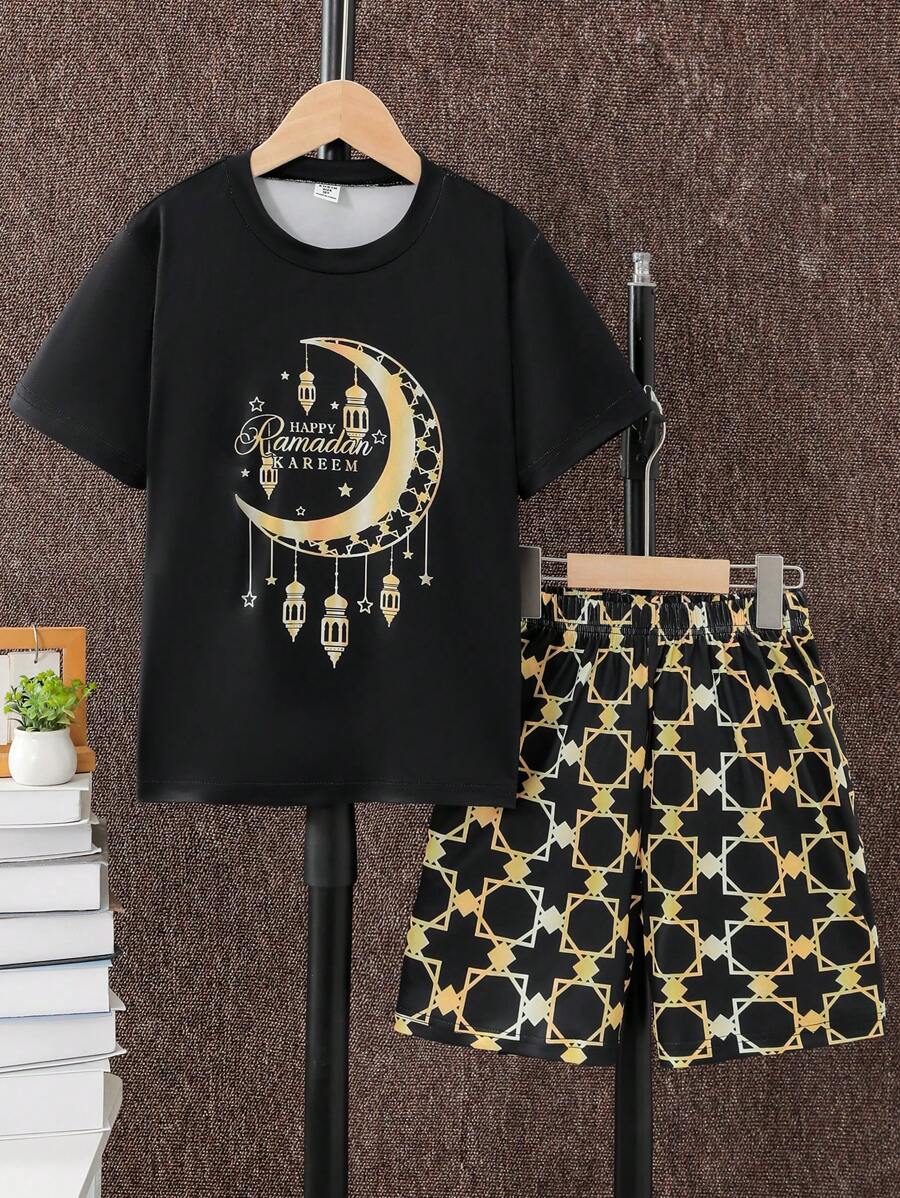 SHEIN 2pcs/Set Tween Boy Star & Moon Print Boys Casual Short Sleeve T-Shirt And Shorts Set - Multicolor - View 1