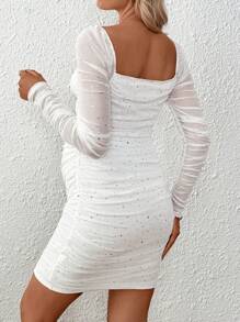 MaterniWear Maternity Elegant Square Neck Ruched Sequin Mesh Party Bodycon Dress, Christmas - White - View 2