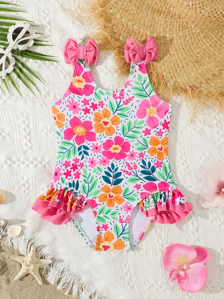 SHEIN 1pc Young Girls Ruffle Trim Printed Swimsuit