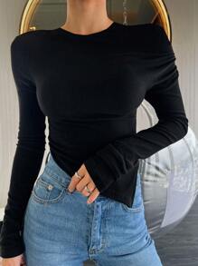 DAZY Women's Solid Color Ruched Asymmetric Hem Fitted Casual T-Shirt Fall Tops