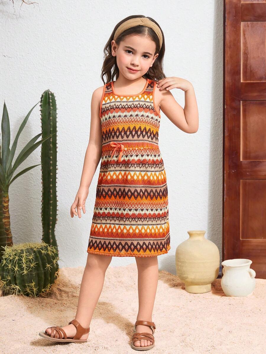 SHEIN 年轻女孩几何条纹方领紧身吊带裙