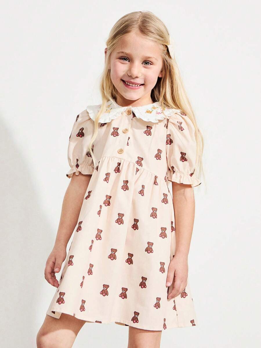 SHEIN Young Girls Embroidery Collar Cute Yellow Bear Print Lantern Sleeve Loose Hem Dresses, Vacation Style - Yellow - View 1