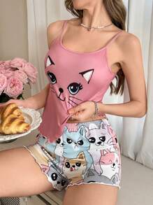 卡通猫印花荷叶边吊带背心和短裤女式睡衣套装 - 彩色 - 查看 3